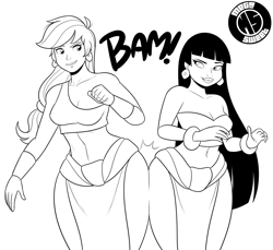 Size: 1386x1270 | Tagged: source needed, safe, artist:megasweet, applejack, human, applebucking thighs, belly button, bracelet, butt bump, butt to butt, butt touch, chel, cleavage, crossover, curvy, female, hips, humanized, midriff, monochrome, sexy, smiling, the road to el dorado, thighs, wide hips