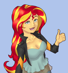 Size: 1666x1794 | Tagged: safe, artist:avirextin, sunset shimmer, equestria girls, breasts, cleavage, clothes, female, jacket, leather jacket, open mouth, pants, solo, thumbs up