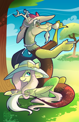 Size: 810x1242 | Tagged: safe, artist:pixel-prism, discord, fluttershy, pegasus, pony, hat, lying, sitting, sun hat, tea, tea party, teacup