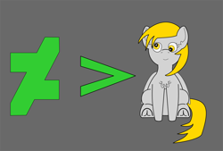 Size: 1020x691 | Tagged: safe, artist:planetkiller, derpy hooves, pegasus, pony, chest fluff, deviantart, ear fluff, female, gray background, greater than, mare, simple background, sitting, smiling, solo, underhoof