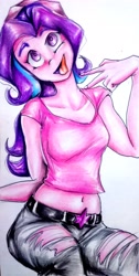 Size: 2563x5066 | Tagged: safe, artist:nolyanimeid, starlight glimmer, human, equestria girls, belly button, belt, clothes, cute, glimmerbetes, midriff, open mouth, peace sign, raised eyebrow, ripped pants, shirt, short shirt, silly, simple background, sitting, smiling, solo, t-shirt, tongue out, torn clothes, traditional art, wat, white background