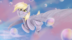 Size: 1920x1080 | Tagged: safe, artist:aelwyng, derpy hooves, pegasus, pony, bubble, cute, female, flying, looking at you, mare, smiling, solo, spread wings, wings