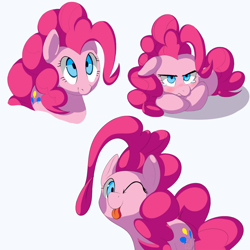 Size: 1092x1094 | Tagged: safe, artist:mostazathy, pinkie pie, earth pony, pony, :p, blushing, crying, cute, diapinkes, female, floppy ears, frown, glare, looking at you, mare, one eye closed, prone, simple background, smiling, solo, tongue out, white background, wink