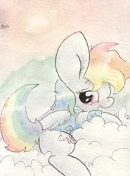 Size: 688x929 | Tagged: safe, artist:slightlyshade, derpibooru import, rainbow dash, pegasus, pony, backwards cutie mark, blushing, impossibly large ears, solo, traditional art