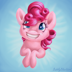 Size: 2500x2500 | Tagged: safe, artist:bubblyblackbird, pinkie pie, earth pony, pony, bust, colored pupils, simple background, smiling, solo