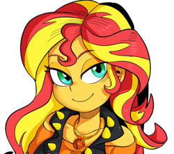 Size: 698x620 | Tagged: safe, artist:nekubi, sunset shimmer, better together, equestria girls, bedroom eyes, clothes, cropped, female, geode of empathy, jewelry, looking at you, magical geodes, necklace, simple background, smiling, smirk, solo, white background