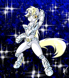 Size: 1269x1428 | Tagged: safe, artist:cynos-zilla, derpy hooves, pony, armor, bipedal, crossover, saint seiya, solo