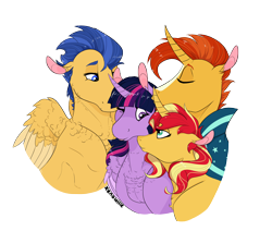 Size: 2532x2145 | Tagged: safe, artist:xenalollie, flash sentry, sunburst, sunset shimmer, twilight sparkle, twilight sparkle (alicorn), alicorn, pony, bisexual, chest fluff, female, flashlight, high res, lesbian, male, nuzzling, polyamory, shipping, simple background, straight, sunsetsparkle, transparent background, twiburst, twilight sparkle gets all the mares, twilight sparkle gets all the stallions