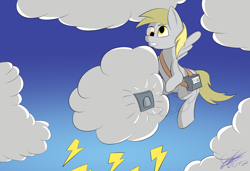 Size: 1280x873 | Tagged: safe, artist:gift, derpy hooves, pegasus, pony, cloud, flying, gray, silly, silly pony, sky, solo, this will not end well, thunder