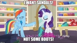 Size: 888x499 | Tagged: safe, derpibooru import, screencap, rainbow dash, rarity, pegasus, pony, unicorn, the end in friend, i want some x not y, image macro, meme, sandals