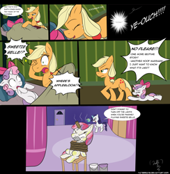Size: 1400x1433 | Tagged: dead source, safe, artist:naterrang, apple bloom, applejack, rarity, sweetie belle, earth pony, pony, unicorn, somepony to watch over me, bed, bedtime story, bound, bow, comic, duct tape, fake horn, missing accessory, paint, paint in hair, paint on fur, swap, swapping, switch, toilet paper roll, unsexy bondage