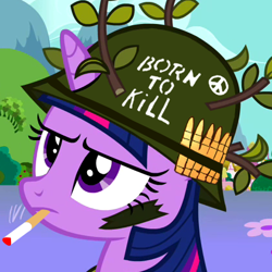 Size: 421x421 | Tagged: safe, derpibooru import, edit, edited screencap, screencap, twilight sparkle, dragon quest, army, badass, born to x, full metal jacket, helmet, military, parody, reaction image, smoking, solo