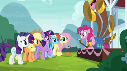 Size: 1280x720 | Tagged: safe, derpibooru import, screencap, applejack, fluttershy, pinkie pie, rainbow dash, rarity, twilight sparkle, twilight sparkle (alicorn), alicorn, earth pony, pegasus, pony, unicorn, yakity-sax, mane six, yovidaphone