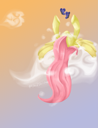 Size: 901x1178 | Tagged: safe, artist:hybridsketchez, fluttershy, butterfly, pegasus, pony, cloud, cloudy, solo