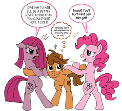 Size: 935x855 | Tagged: safe, artist:greenlinzerd, pinkie pie, oc, oc:ginger snap (browniecomicwriter), earth pony, pony, alternate cutie mark, angry, bipedal, blushing, canon x oc, dialogue, duality, female, male, not sure if want, pinkamena diane pie, self ponidox, shipping, simple background, straight, thought bubble, transparent background