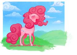 Size: 1158x818 | Tagged: safe, artist:cmaggot, pinkie pie, earth pony, pony, cloud, cloudy, grass, open mouth, sky, solo