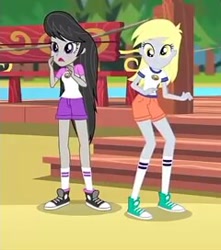 Size: 240x272 | Tagged: safe, screencap, derpy hooves, octavia melody, equestria girls, legend of everfree, camp everfree outfits, clothes, converse, pier, shoes, shorts, sneakers, socks