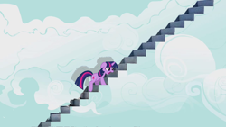 Size: 1280x720 | Tagged: source needed, safe, artist:slippytheweasel, derpibooru import, twilight sparkle, unicorn twilight, pony, unicorn, cloud, cloudy, edge of the world, famous movie scene, female, mare, parody, shadow, sky, solo, stairs, the truman show, wall