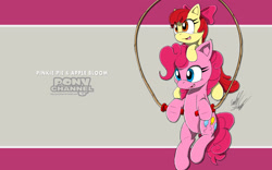 Size: 1920x1200 | Tagged: safe, artist:fuzon-s, apple bloom, pinkie pie, earth pony, pony, a friend in deed, crossover, happy, jump rope, jumping, pony channel, pony hat, scene interpretation, sketch, smile song, smiling, sonic channel, sonic the hedgehog (series), style emulation, wallpaper, yuji uekawa style