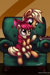 Size: 912x1350 | Tagged: safe, artist:esuka, apple bloom, applejack, earth pony, pony, somepony to watch over me, chair, eating, food, fork, pie