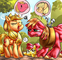 Size: 600x585 | Tagged: safe, artist:nekubi, apple bloom, applejack, big macintosh, earth pony, pony, body swap, male, pictogram, pixiv, stallion