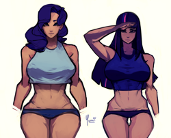 Size: 1280x1032 | Tagged: safe, artist:yunni-yunni, rarity, twilight sparkle, human, abs, armpits, belly button, big breasts, breasts, female, headlight sparkle, hips, humanized, midriff, muscles, raritits, salute, thigh gap, wide hips