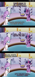 Size: 600x1290 | Tagged: safe, artist:deusexequus, rarity, pony, unicorn, blushing, comic, eyes closed, facehoof, female, floppy ears, mare, name pun, open mouth, pun, raised hoof, spa, towel, water