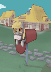 Size: 1146x1600 | Tagged: safe, artist:re7natus, derpy hooves, pegasus, pony, derpy inside a mailbox, house, letter, mailbox, mouth hold, prone, solo