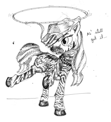 Size: 4288x4705 | Tagged: safe, artist:php64, applejack, zebra, absurd resolution, lasso, monochrome, mouth hold, rope, solo, species swap, traditional art, unshorn fetlocks, zebrafied, zebrajack