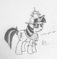 Size: 628x651 | Tagged: safe, artist:kittyhawk-contrail, derpibooru import, twilight sparkle, 60s, clothes, costume, future, monochrome, solo, traditional art