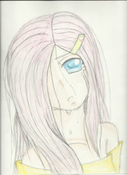 Size: 1024x1408 | Tagged: safe, artist:dell_icious, fluttershy, human, crying, humanized, solo, traditional art