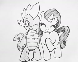 Size: 1680x1344 | Tagged: safe, artist:spikeramos, rarity, spike, dragon, pony, unicorn, female, filly, male, monochrome, nuzzling, shipping, sparity, straight, traditional art, younger