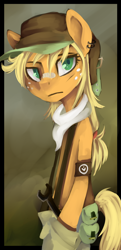 Size: 1042x2158 | Tagged: safe, artist:facerenon, applejack, anthro, bandaid, bipedal, bust, clothes, hat, portrait, solo, wrench