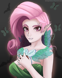 Size: 800x1000 | Tagged: safe, artist:novaquinmat, fluttershy, butterfly, human, parasprite, bare shoulders, bust, elf ears, fangs, female, flutterbat, humanized, looking at you, solo