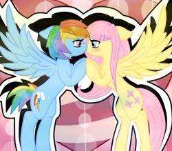 Size: 4000x3500 | Tagged: safe, artist:flutterfuck, derpibooru import, fluttershy, rainbow dash, pegasus, pony, backwards cutie mark, blushing, female, flutterdash, lesbian, shipping