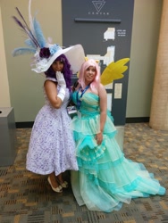 Size: 2448x3264 | Tagged: artist needed, safe, artist:mieucosplay, fluttershy, rarity, human, 2014, bronycon, clothes, convention, cosplay, dress, gloves, hat, irl, irl human, photo