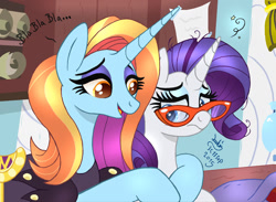 Size: 1500x1100 | Tagged: safe, artist:joakaha, rarity, sassy saddles, pony, unicorn, canterlot boutique, dialogue, frown, glasses, hug, messy mane, open mouth, rarisaddles, talking