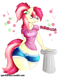 Size: 700x923 | Tagged: safe, artist:sparkdraws, roseluck, anthro, alternate hairstyle, bedroom eyes, belly button, clothes, column, ear piercing, midriff, piercing, ponytail, shorts, solo, t-shirt, wide hips