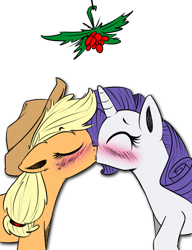 Size: 573x748 | Tagged: source needed, safe, artist:venezolanbrony, artist:xioade, edit, applejack, rarity, earth pony, pony, unicorn, blushing, christmas, cute, eyes closed, female, floppy ears, holly, holly mistaken for mistletoe, kissing, lesbian, messy mane, rarijack, shipping