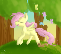 Size: 999x900 | Tagged: safe, artist:maneribbons, fluttershy, butterfly, pegasus, pony, squirrel, filly, solo, younger