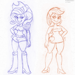Size: 1024x1024 | Tagged: safe, artist:scobionicle99, applejack, rarity, human, simple ways, applejewel, clothes, daisy dukes, humanized, rarihick