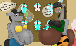 Size: 1280x768 | Tagged: safe, artist:theimmortalwolf, oc, oc:luis, oc:shawn, oc:shawnette, anthro, draconequus, baby clothes, belly, big belly, breasts, draconequus oc, pregnant, rule 63