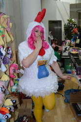 Size: 727x1098 | Tagged: artist needed, safe, artist:erdbeerprinz, pinkie pie, human, 2014, animal costume, chicken pie, chicken suit, clothes, convention, cosplay, costume, galacon, irl, irl human, nightmare night, photo, solo