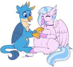 Size: 841x775 | Tagged: safe, artist:lulubell, derpibooru exclusive, gallus, silverstream, classical hippogriff, griffon, hippogriff, belly, big belly, chest fluff, cute, diastreamies, female, gallabetes, gallstream, hoof on belly, interspecies, kicking, male, oil, ointment, older, paws, pregnant, rubbing, shipping, simple background, straight, transparent background