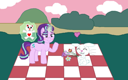 Size: 800x500 | Tagged: safe, artist:drypony198, angel bunny, starlight glimmer, pony, rabbit, unicorn, blushing, female, flower, glowing horn, heart, interspecies, magic, male, picnic blanket, shipping, starbunny, straight, teddy bear, telekinesis