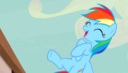 Size: 1888x1080 | Tagged: safe, derpibooru import, screencap, rainbow dash, pegasus, pony, the cutie map, cutie mark, eyes closed, female, flying, happy, laughing, mare, open mouth, solo