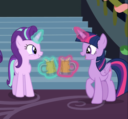 Size: 914x851 | Tagged: safe, screencap, starlight glimmer, twilight sparkle, twilight sparkle (alicorn), alicorn, pony, unicorn, a hearth's warming tail, cider, cropped, cup, cute, female, glimmerbetes, glowing horn, happy, levitation, looking at each other, magic, mare, open mouth, raised hoof, smiling, stairs, tankard, telekinesis, twiabetes