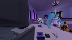 Size: 1920x1080 | Tagged: safe, artist:goatcanon, derpy hooves, princess celestia, alicorn, pony, 3d, alcohol, console, controller, female, gaming, joystick, mare, prone, room, window