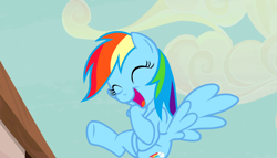 Size: 1888x1080 | Tagged: safe, derpibooru import, screencap, rainbow dash, pegasus, pony, the cutie map, cutie mark, eyes closed, female, flying, happy, laughing, mare, open mouth, solo