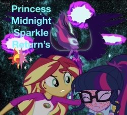 Size: 1264x1146 | Tagged: safe, edit, editor:php77, midnight sparkle, sci-twi, sunset shimmer, twilight sparkle, equestria girls, 1000 hours in ms paint, abuse, abuse edit, misspelling, princess midnight, scratches, twilybuse